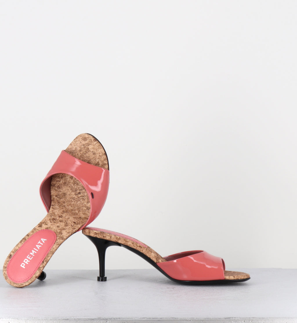 Mules à talon en cuir vernis rose et liège - M7324 PIUMA LAMPONE