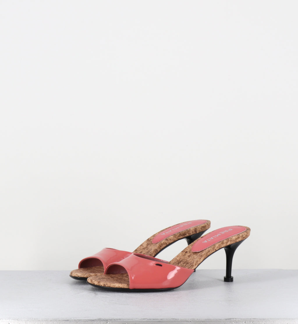 Mules à talon en cuir vernis rose et liège - M7324 PIUMA LAMPONE