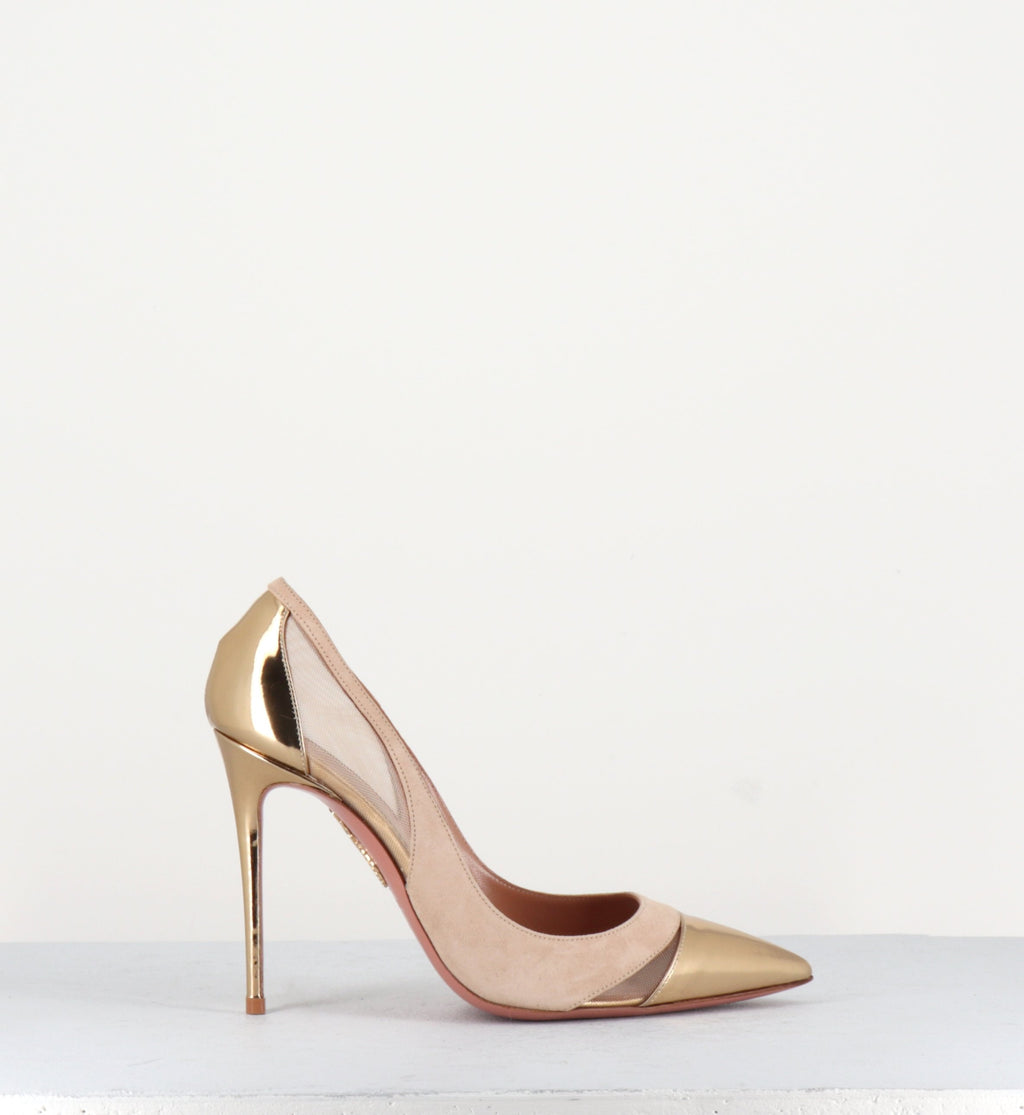 Escarpins à talon hauts en cuir nude et doré Aquazzura - SAVOY PUMP105D