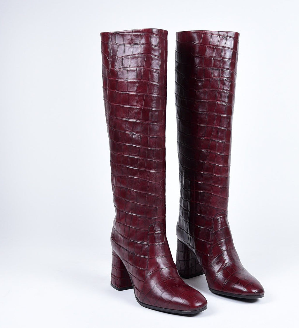 Bottes à talons en cuir croco bordeaux Garrice Collection - W205933