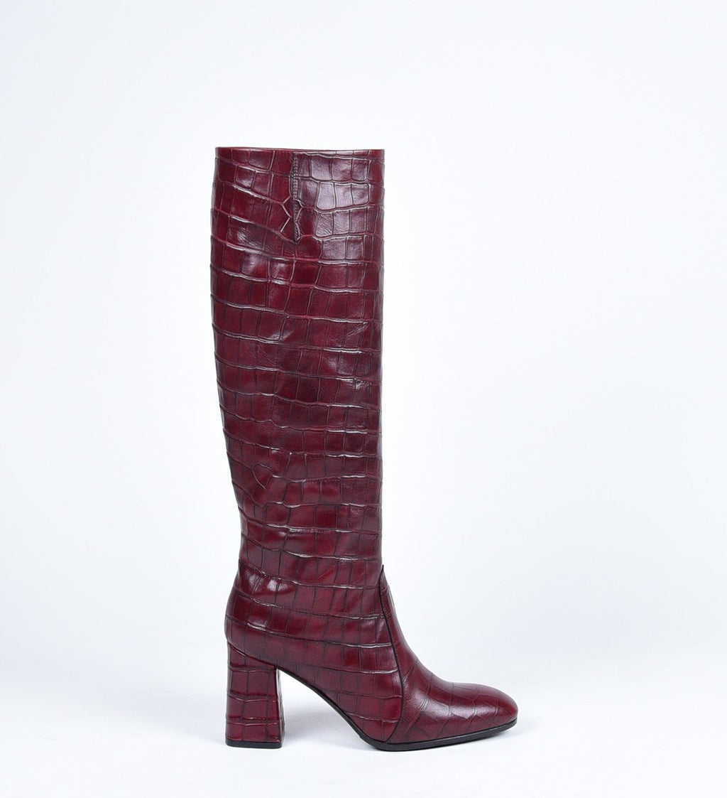Bottes à talons en cuir croco bordeaux Garrice Collection - W205933
