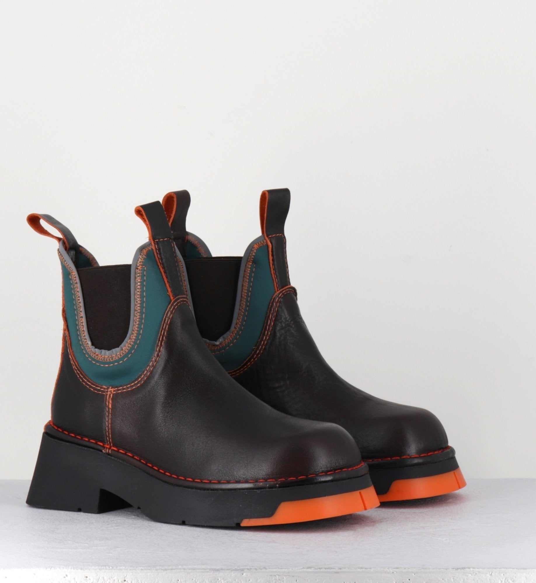 Boots en cuir marron & lycra orange -KAYA BROWN ORANGE