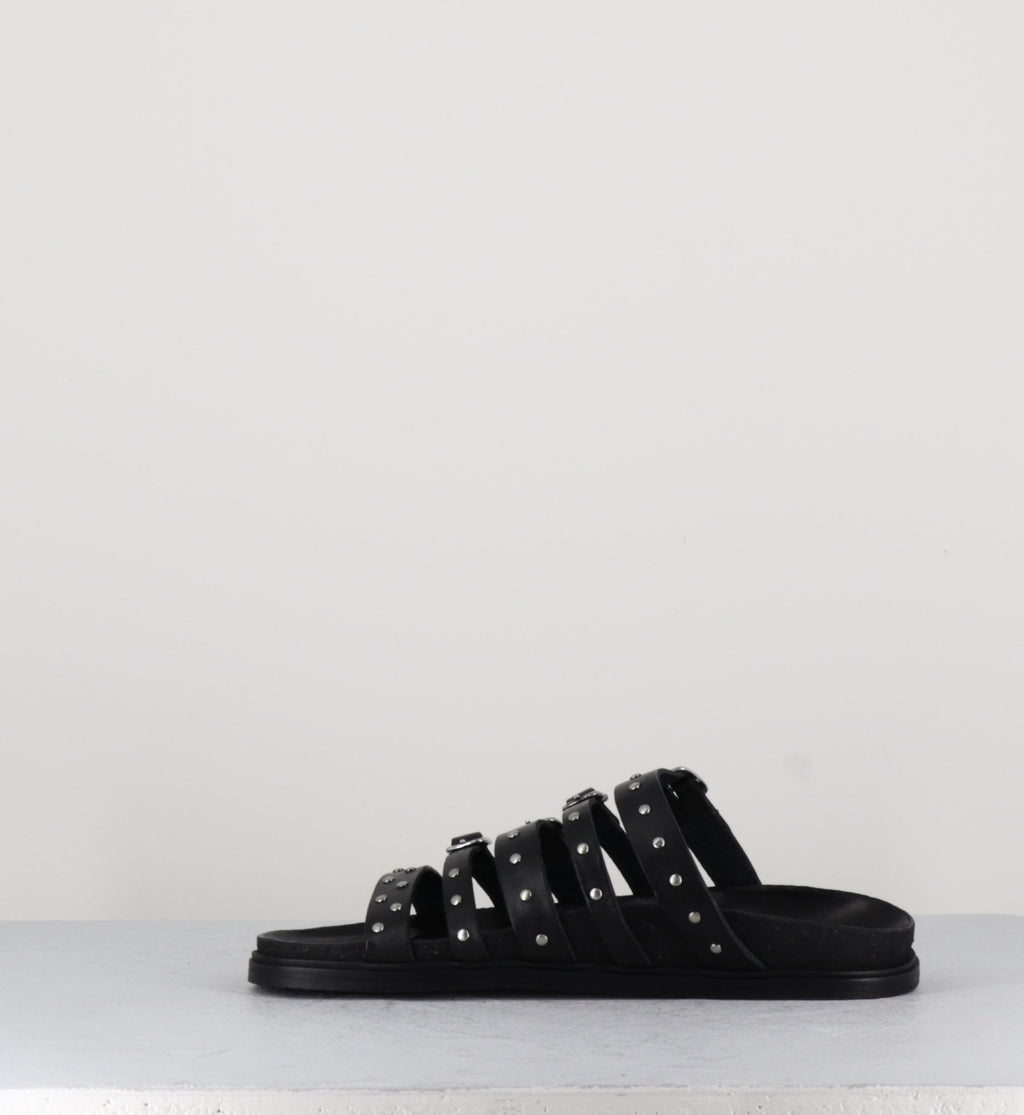 Sandales plates en cuir noir multi-brides à clous - 68750 NERO