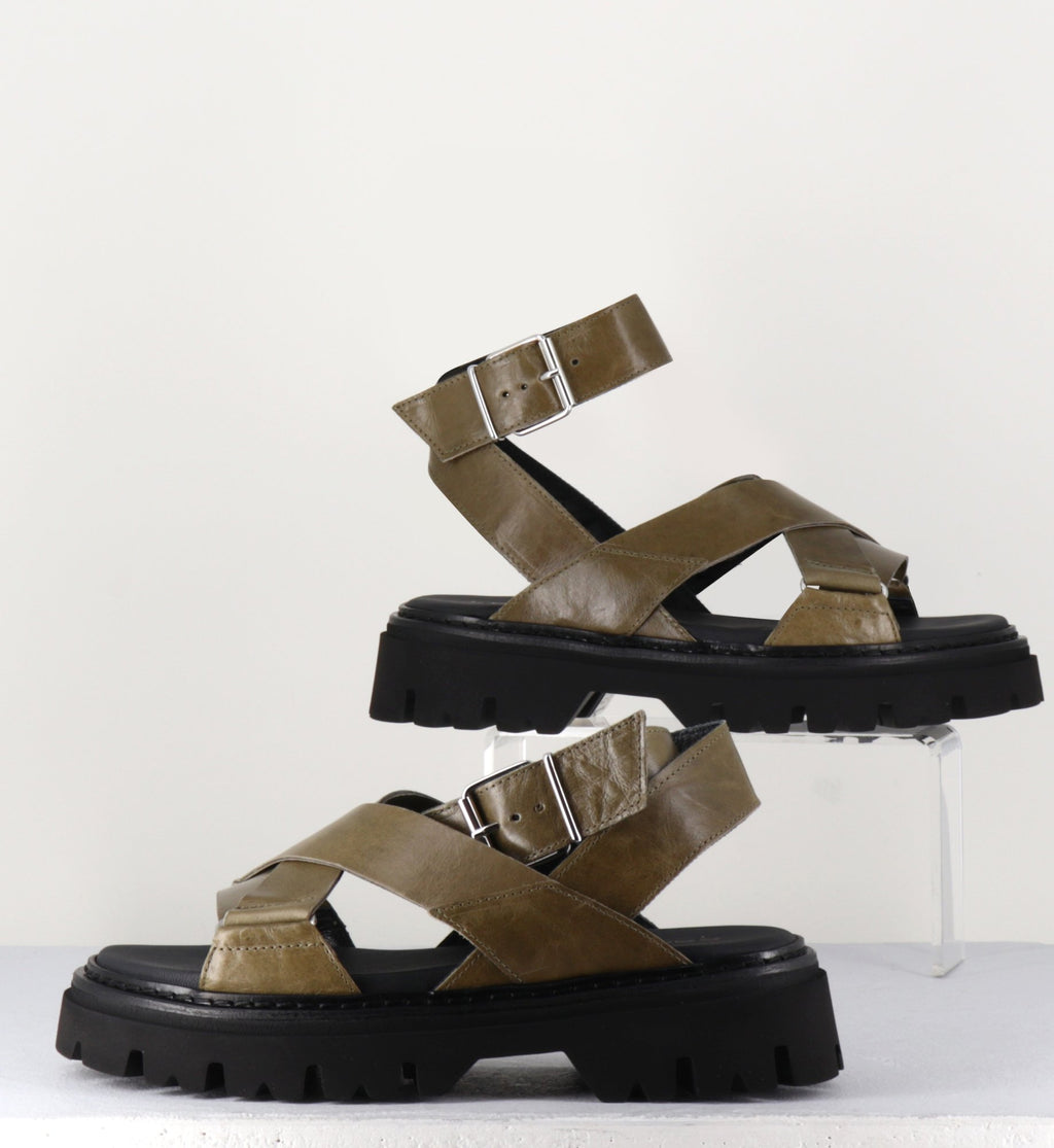Sandales semelle épaisse en cuir khaki - PE7455 MILITARE